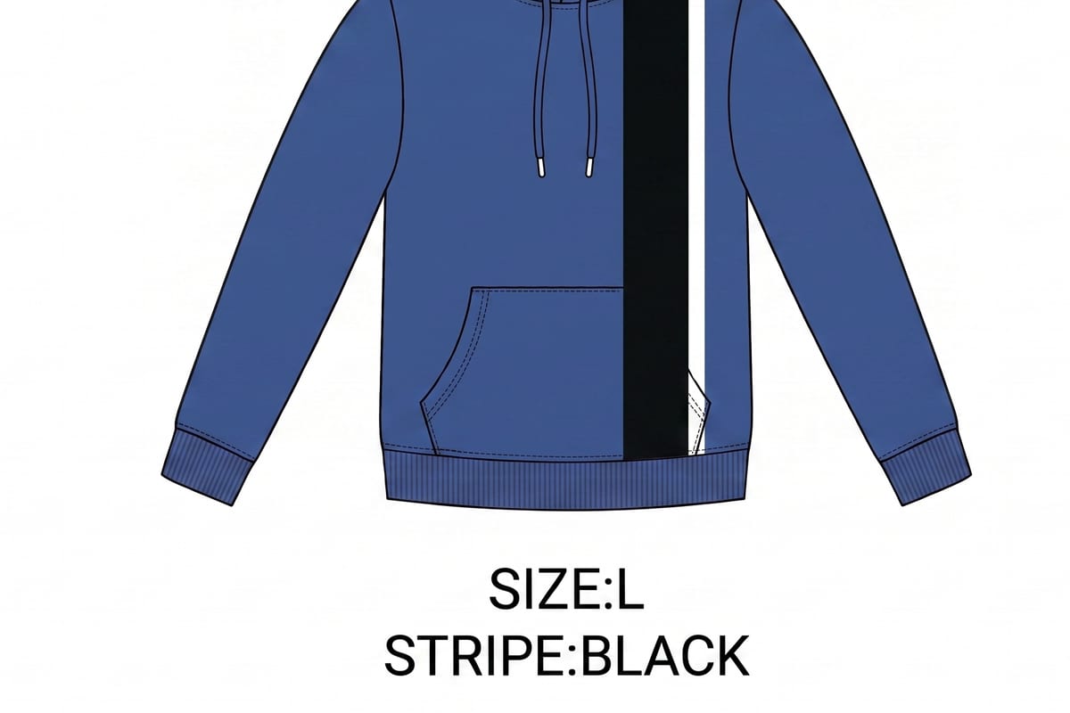 A technical flat sketch of a hoodie design, marked with size and color specs.