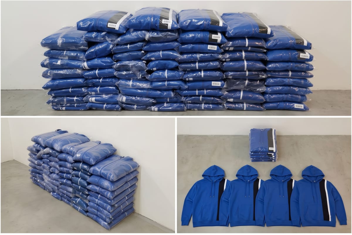 Bulk-packed hoodies stacked for shipment, with folded finished garments in front.